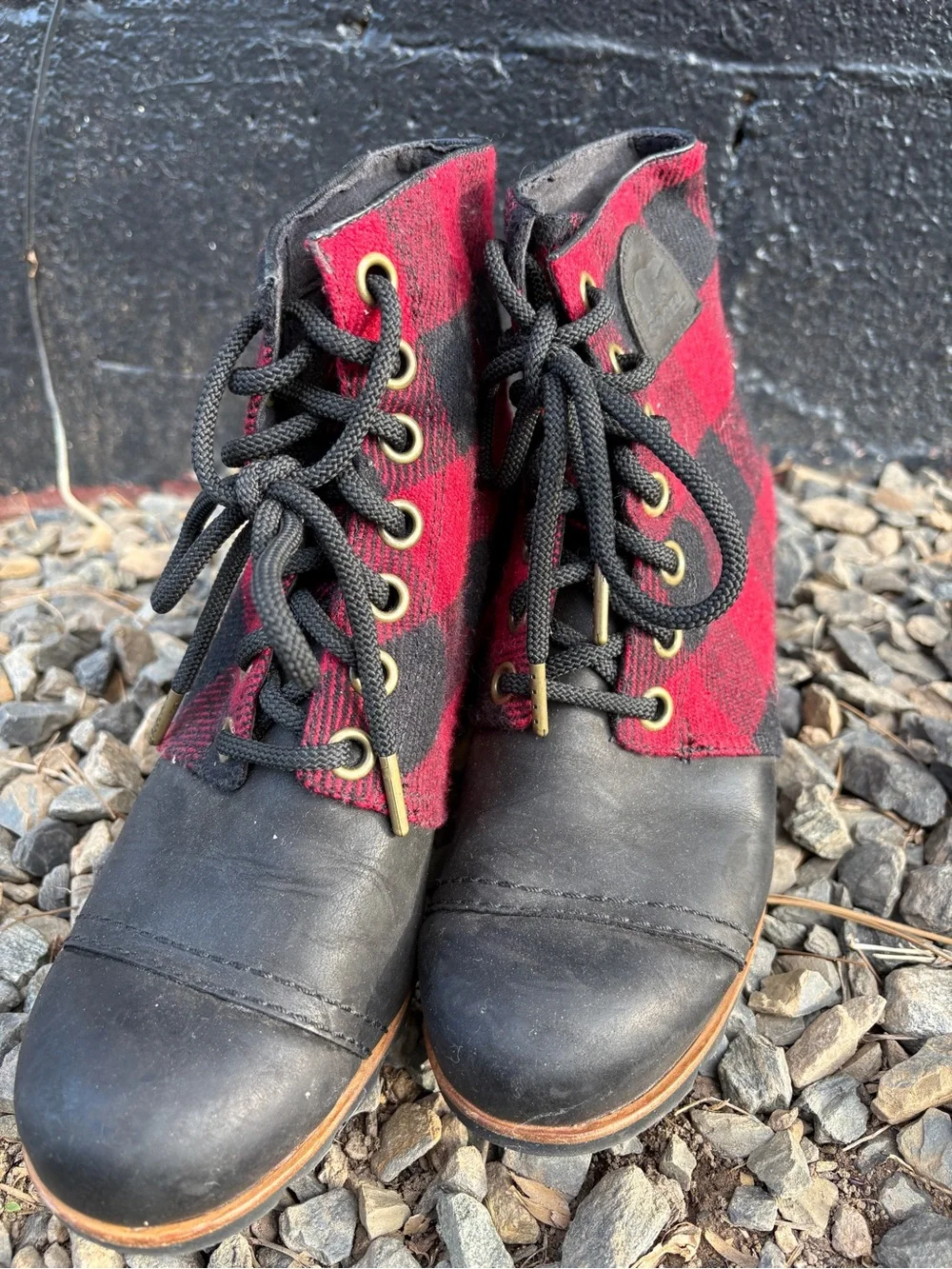Sorel Black Leather and Red Buffalo Plaid Wedge Lace-Up Boots